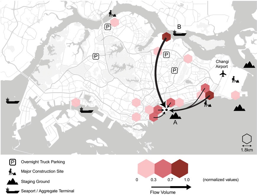 Origins of construction‐related material flows toward Location A.